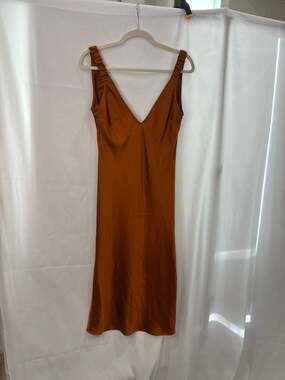 Future Collective Alani Noelle Rust Satin V-Neck Ruched Strap Midi Slip Dress